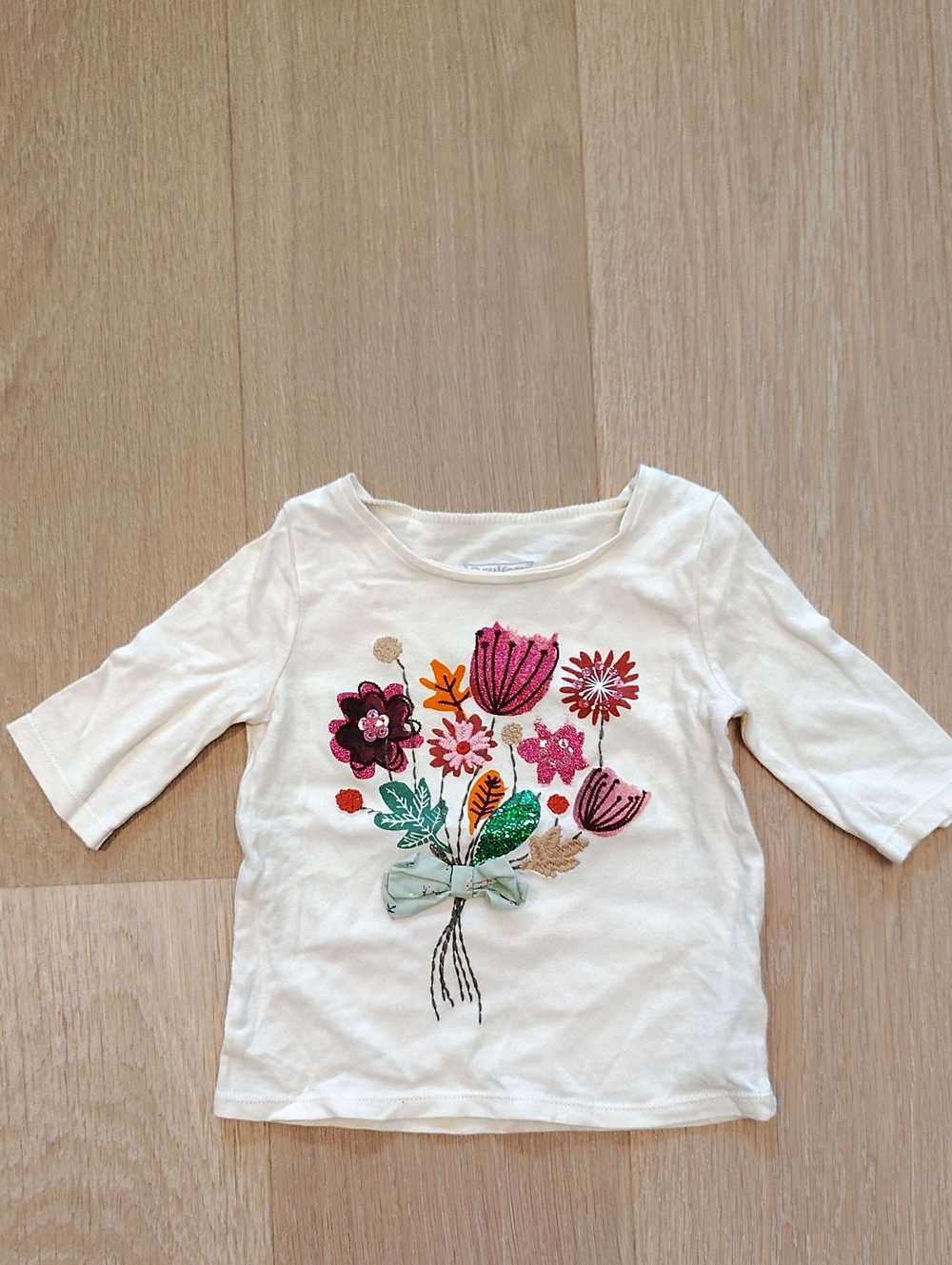 OshKosh B'gosh Cream Long Sleeve Tee with Pink & Green Floral Embroidery